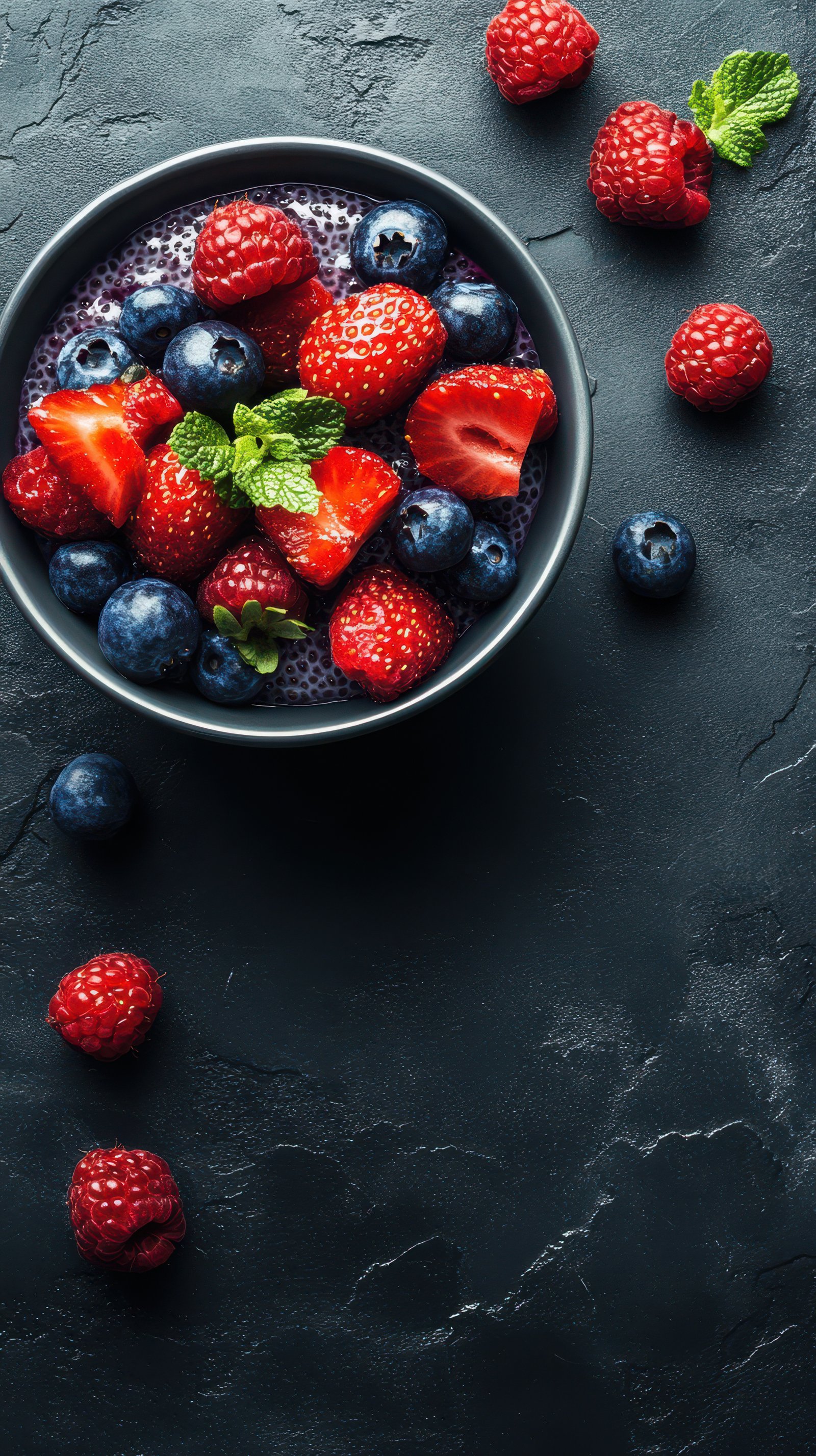 Fresh bowl of mixed berries with mint leaves on dark stone background for healthy eating